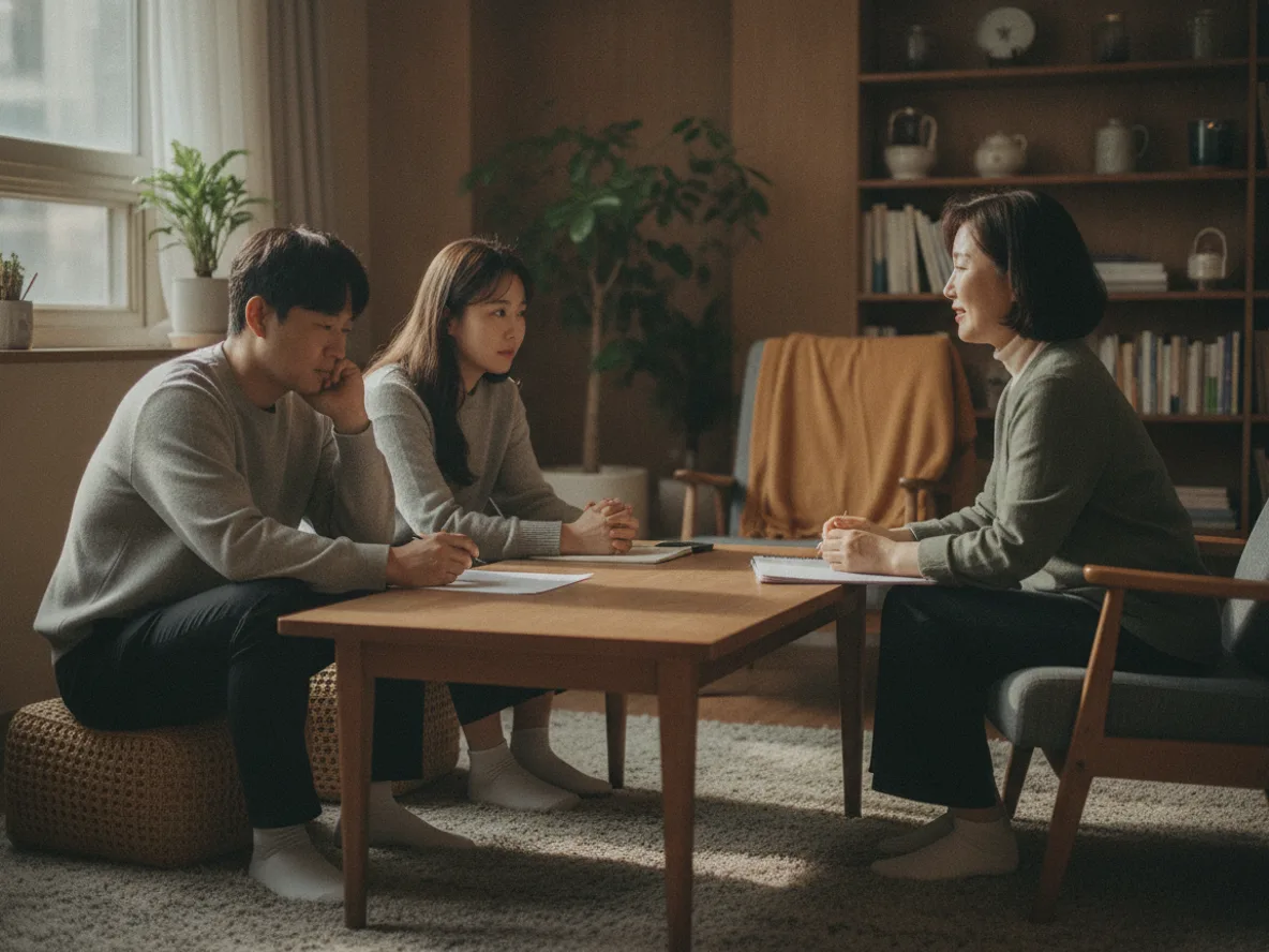부부 상담 비용 — 상담실에서 상담사와 대화 중인 30대 한국인 부부