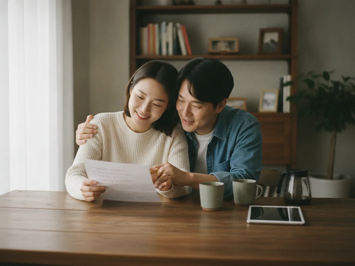 부부 상담 시작 전 체크리스트를 함께 확인하는 한국인 부부