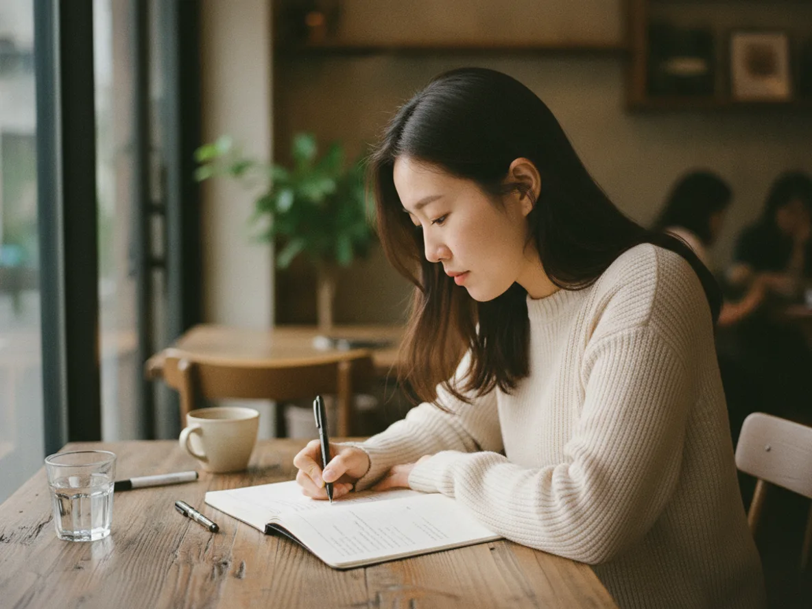 투자 원칙과 매수 기준을 노트에 직접 기록하는 한국 여성