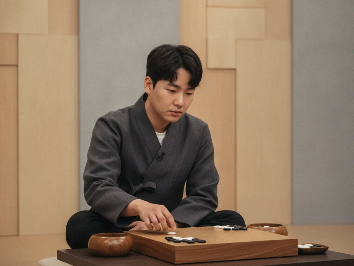신진서 9단 스타일의 프로 바둑 기사가 바둑판 앞에서 대국에 집중하는 모습