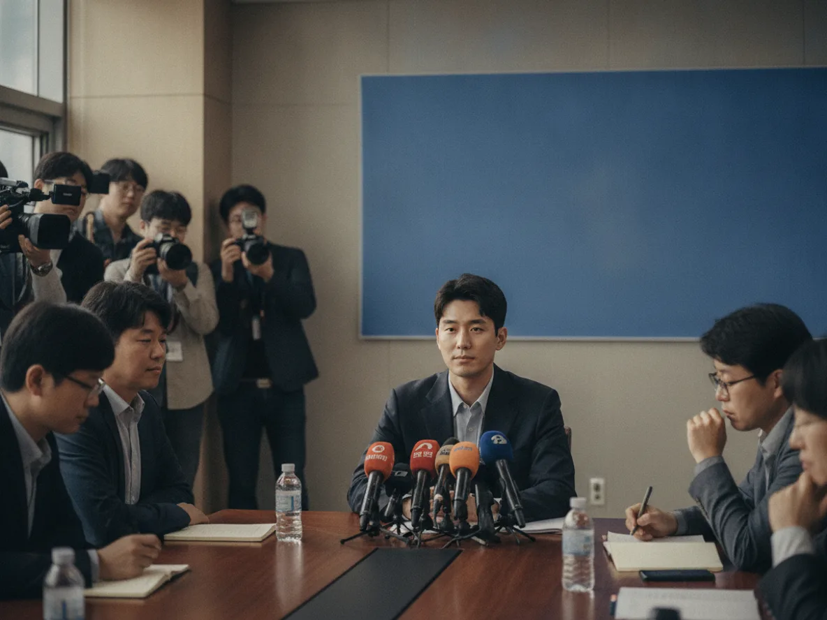신진서 9단 스타일의 바둑 기사가 AI 대국 후 기자회견에서 전략을 설명하는 장면