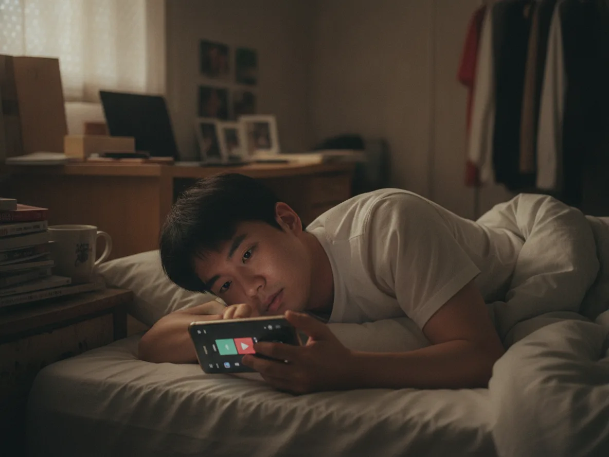 스마트폰으로 OTT 스트리밍 서비스를 시청하는 20대 남성