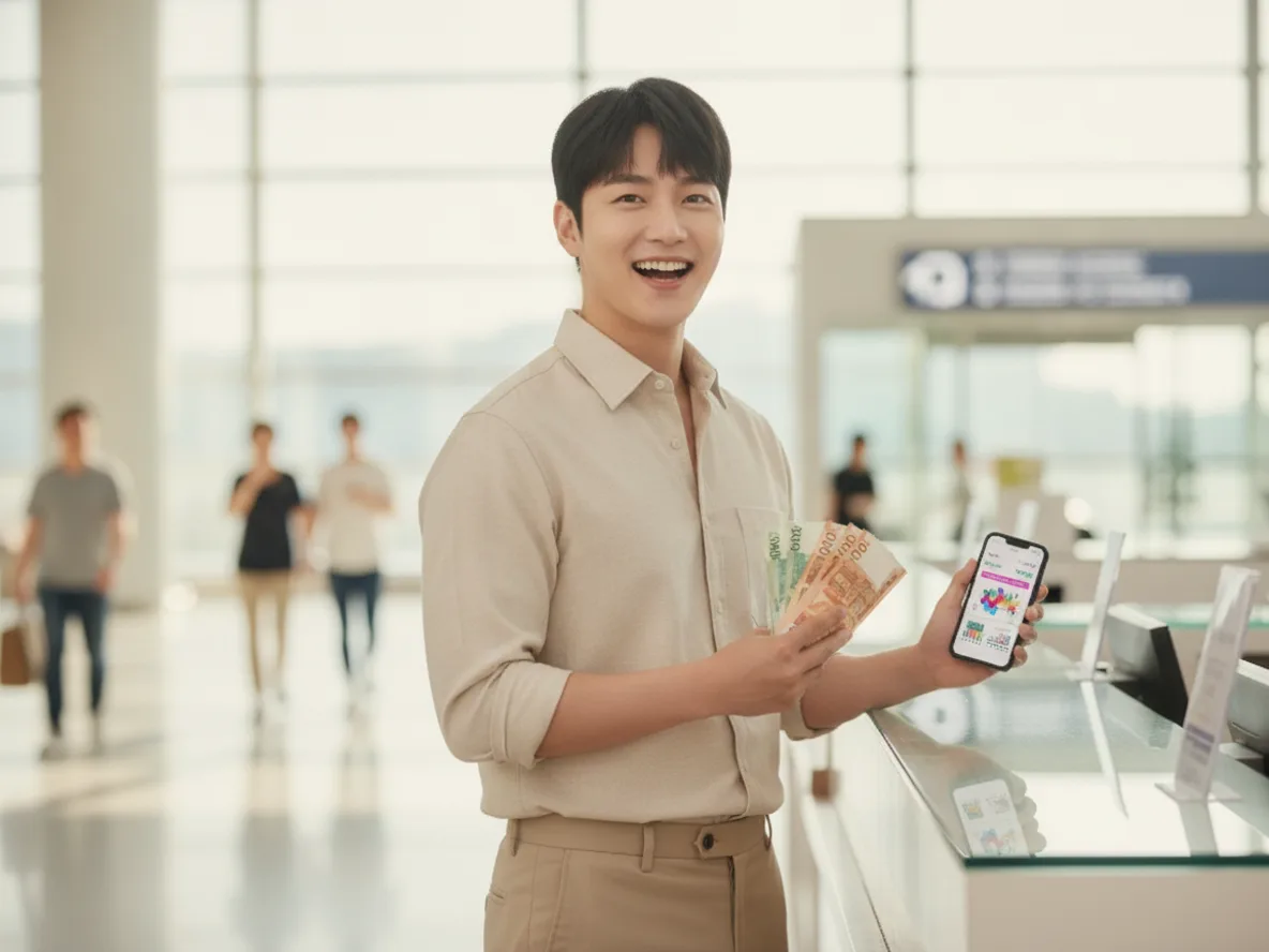 공항 환전소에서 환전하는 남성