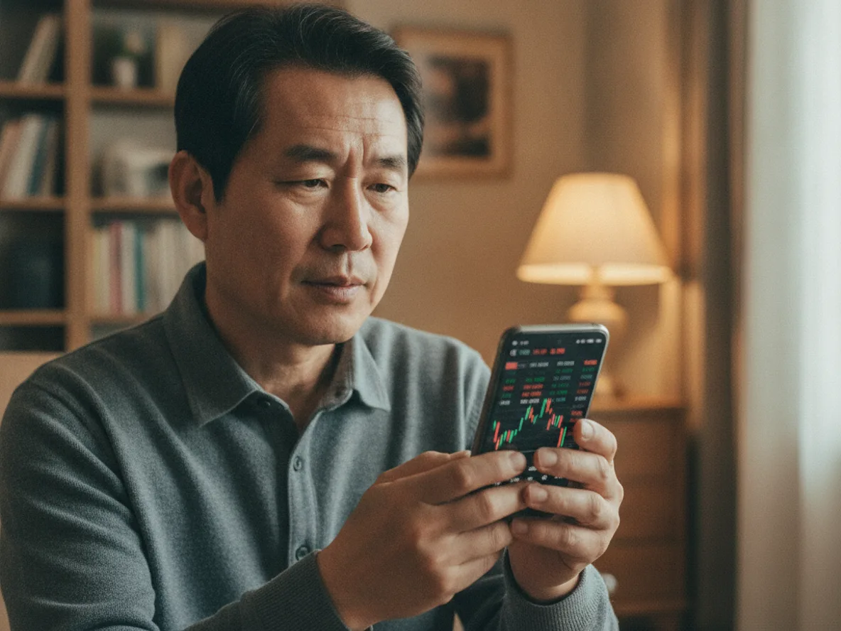 사이드카 발동 당일 주가 급변동 상황을 스마트폰으로 확인하는 모습