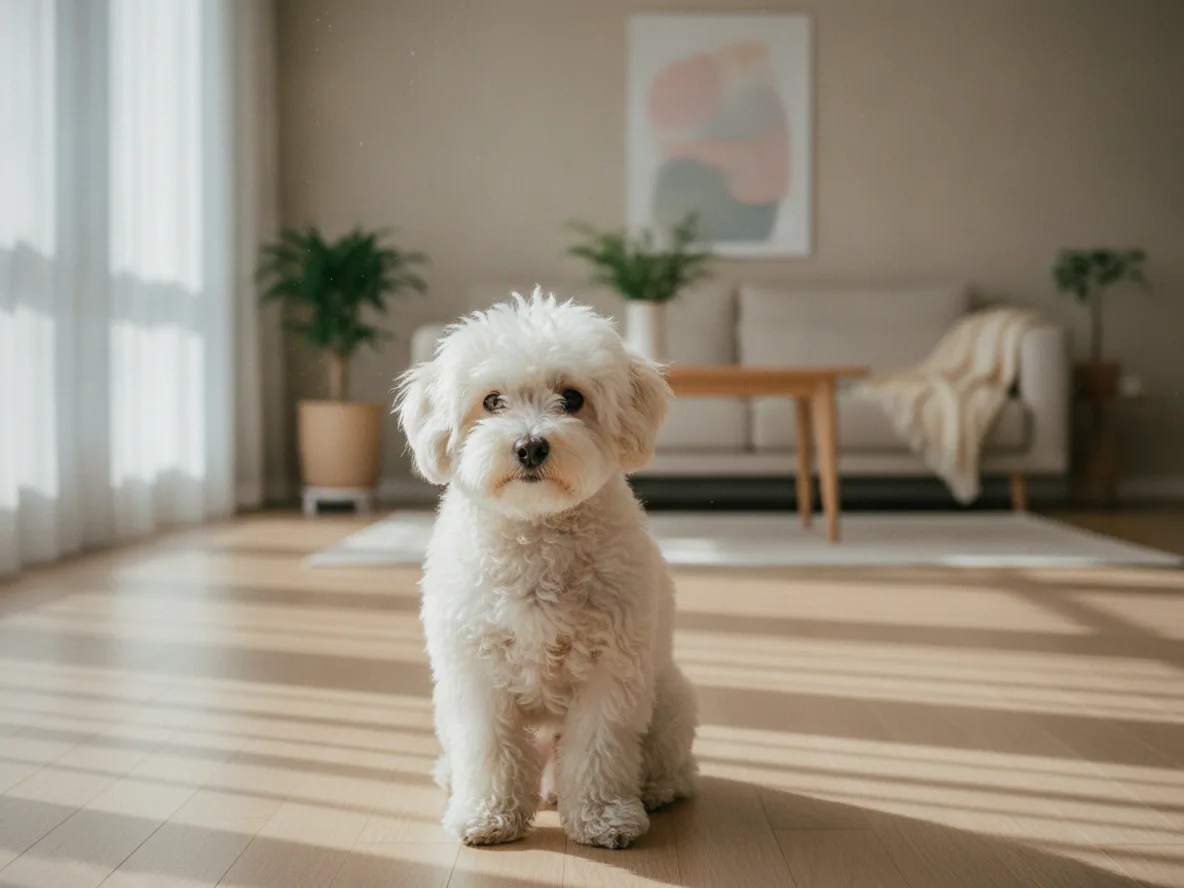 꼬똥드툴레아 흰색 소형견이 한국 아파트 거실 원목 바닥에 앉아 있는 모습