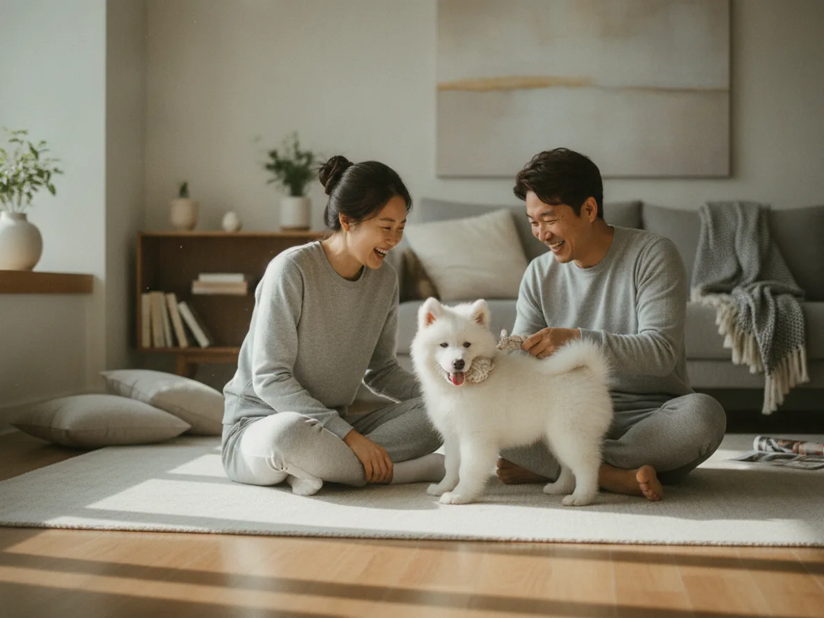 30대 한국 부부가 꼬똥드툴레아와 장난감으로 놀아주는 장면