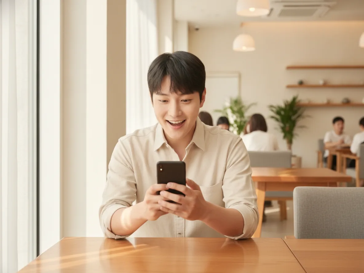 카페에서 스마트폰 신제품 소식을 확인하는 20대 남성