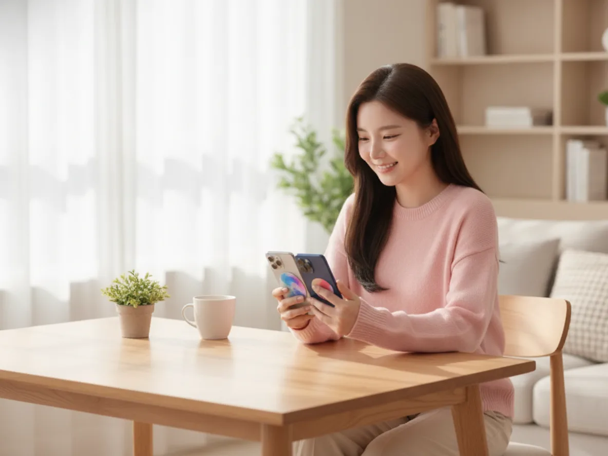 두 개의 스마트폰을 비교하며 고민하는 20대 여성