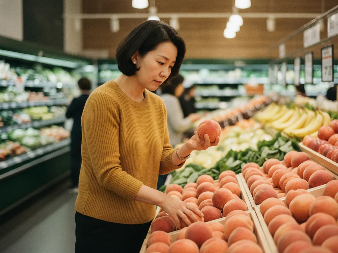 대형마트에서 신비복숭아 구매하는 모습 — 직접 보고 고르는 방법