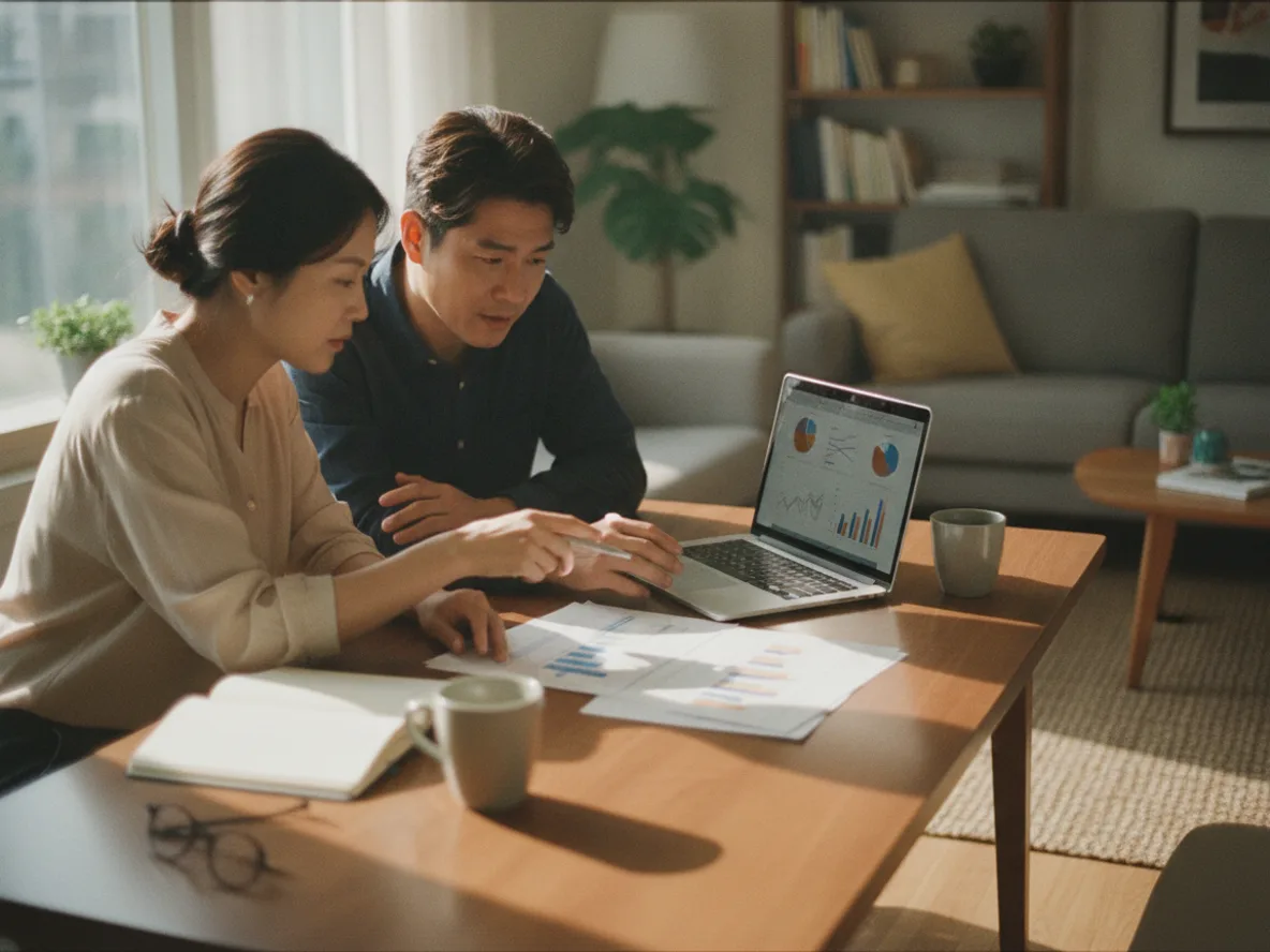 부부가 함께 은행 우대금리 조건과 카드 실적 기준을 검토하는 모습