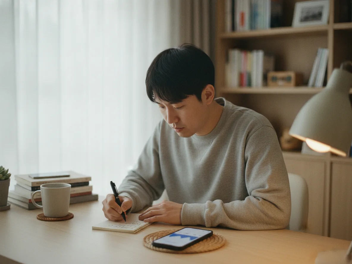 26주 적금 만기 수령액을 계산하며 메모하는 직장인