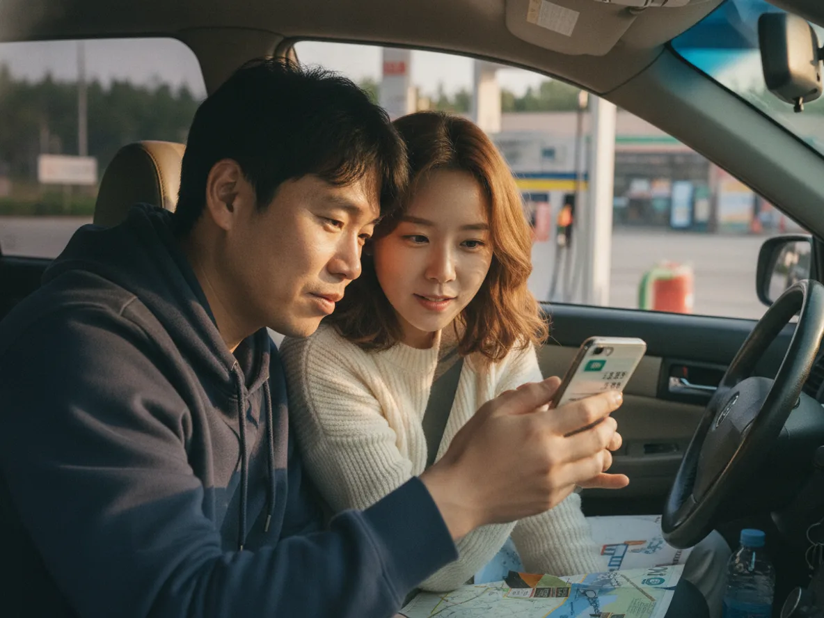 주유소 근처 차 안에서 기름값 확인하는 부부
