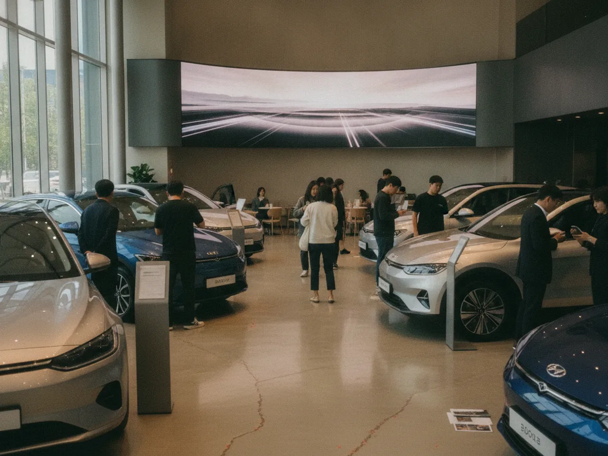 BYD 한국 전기차 딜러십 매장에서 차량을 살펴보는 소비자들