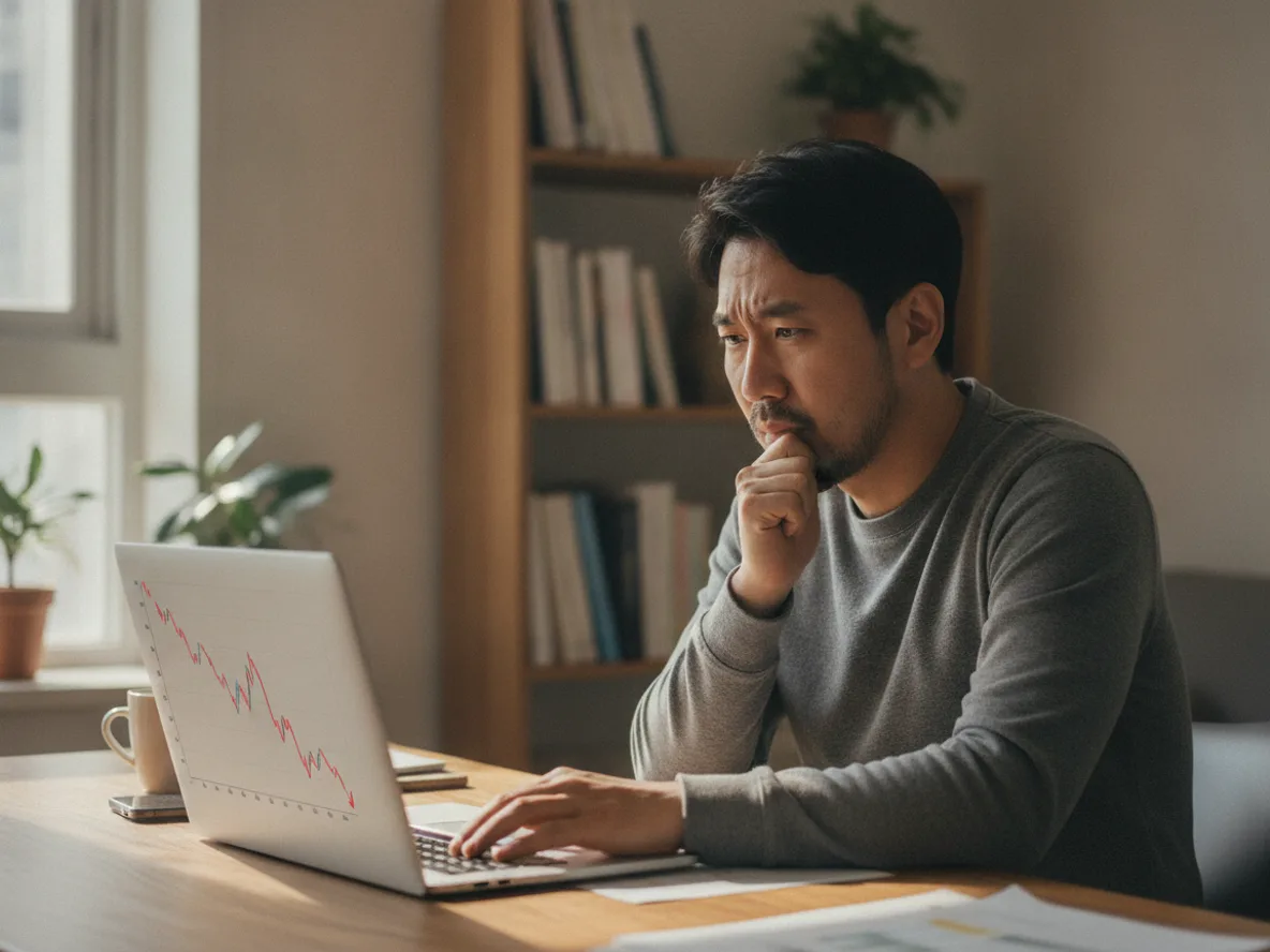 주식 강제청산 위기 상황에서 담보비율 하락을 확인하는 투자자