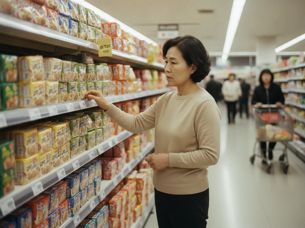 마트 라면 코너에서 가격표를 확인하는 중년 여성
