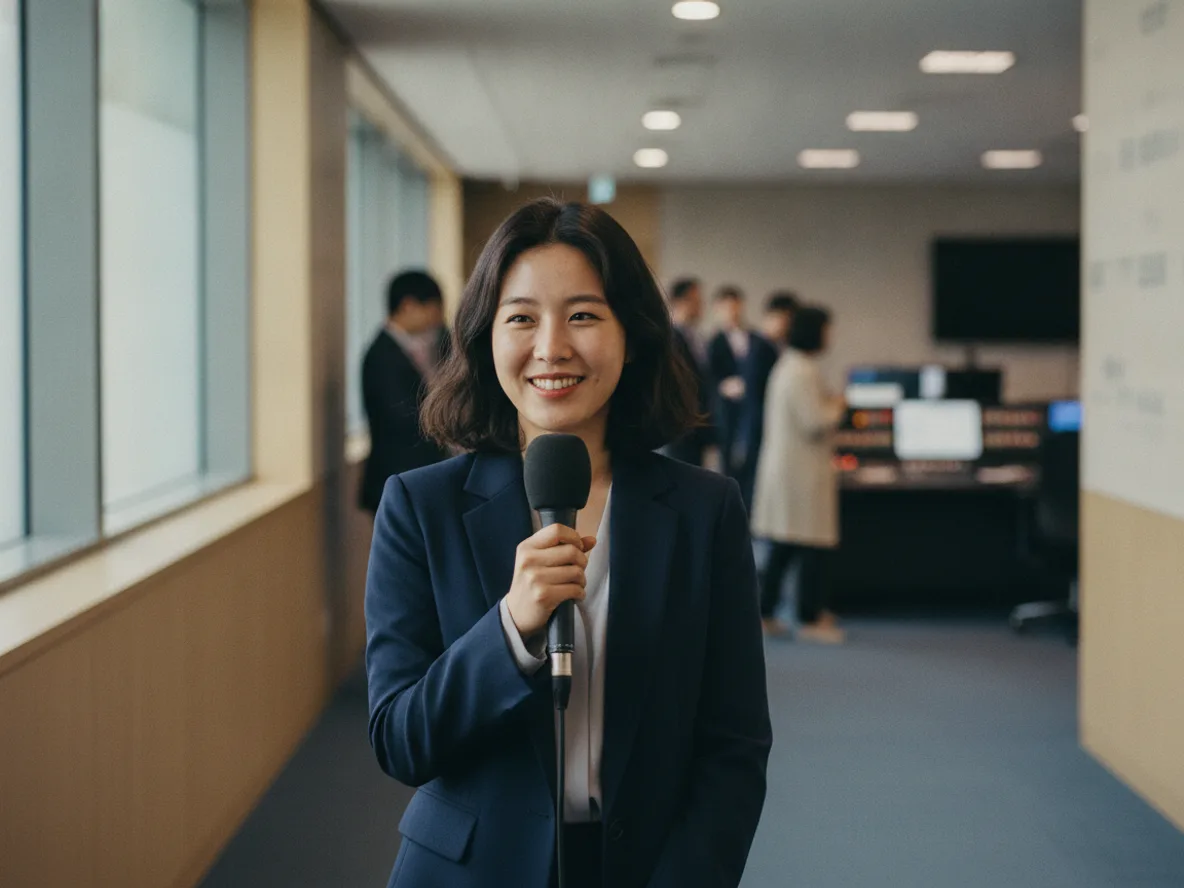 방송국 복도에서 마이크를 들고 있는 아나운서