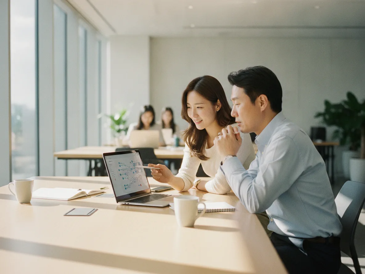 기업 AI 전환 전략 회의 — 응용형 AI 엔지니어가 클로드 도입 기획을 진행하는 장면