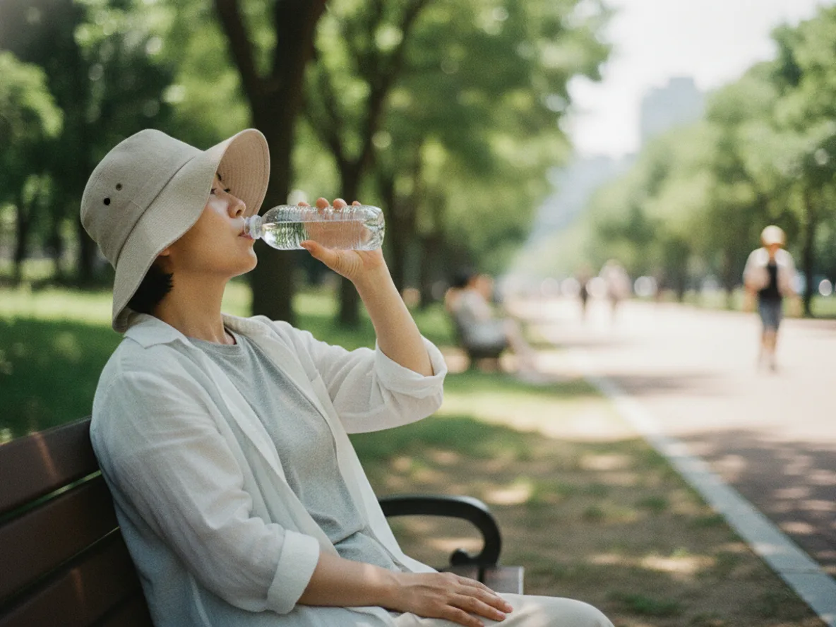 폭염 대피 중 그늘에서 수분을 보충하는 모습