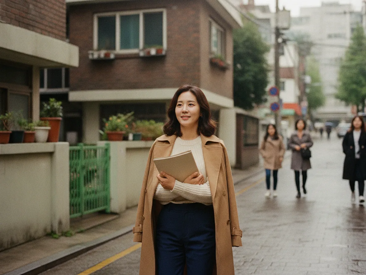 청년 여성이 소형 아파트 앞에서 내 집 마련 서류를 들고 있는 모습