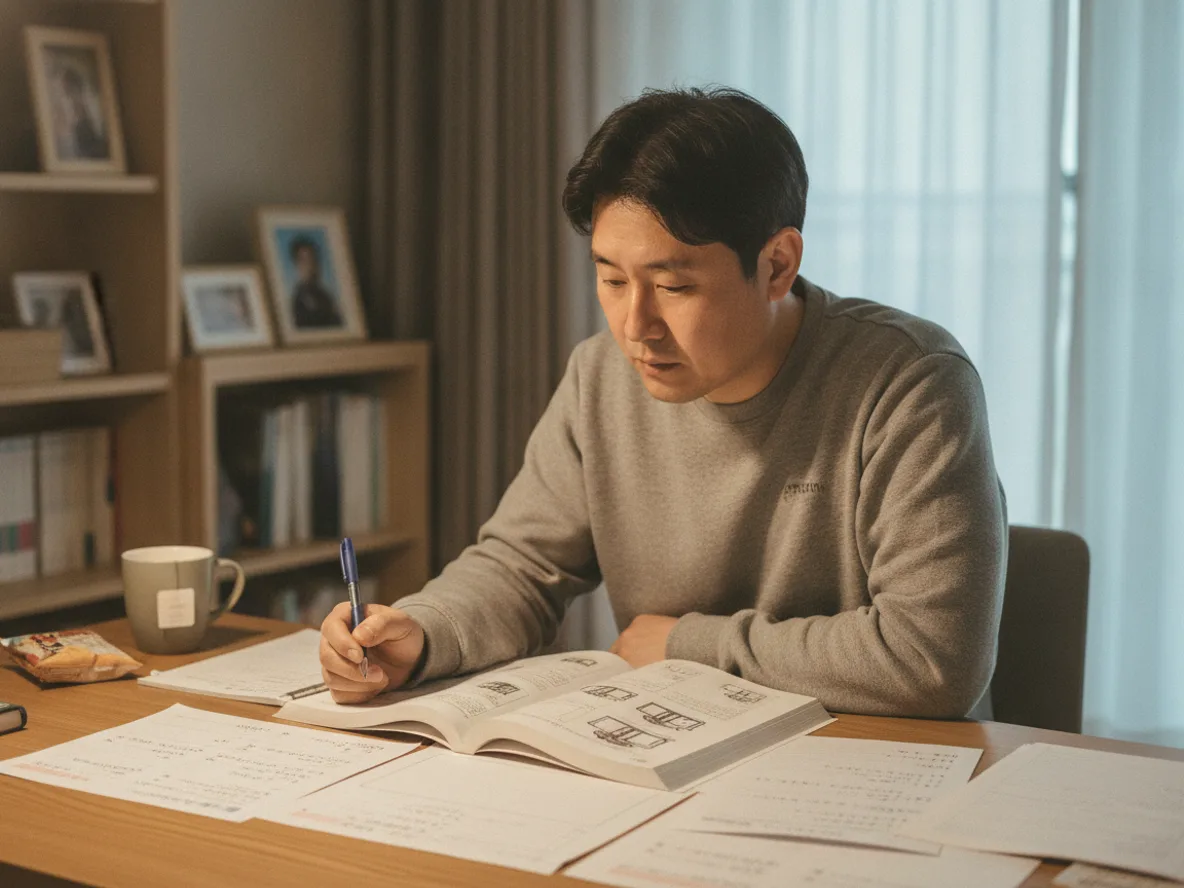 대기업 생산직 합격을 위해 지게차 운전기능사 자격증을 공부하는 남성