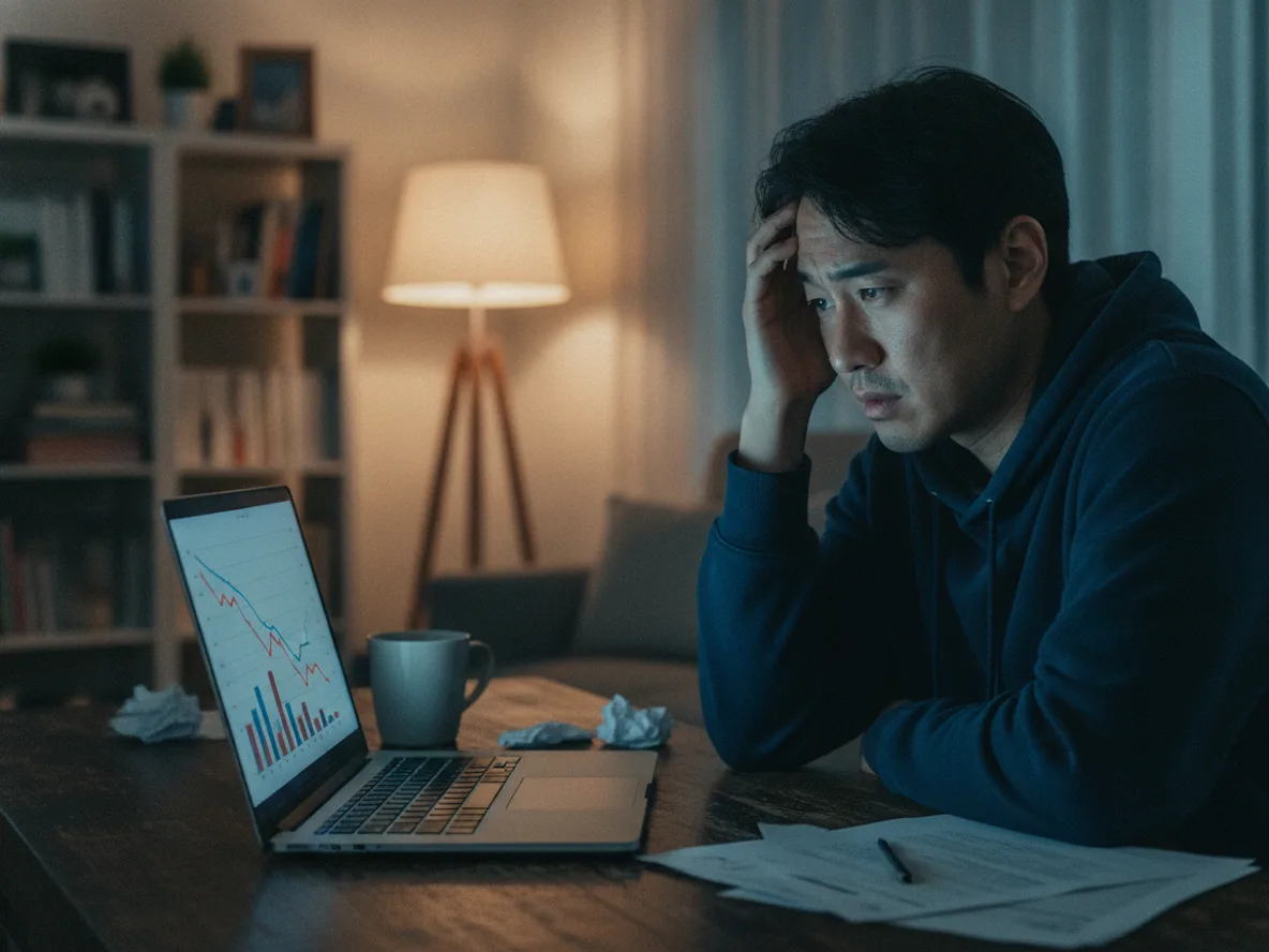 빚투 손실로 고민하는 30대 남성이 노트북을 보며 개인회생 신청 조건을 검색하는 모습