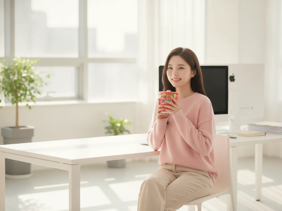 사무실에서 신라면 컵라면을 즐기는 20대 여성