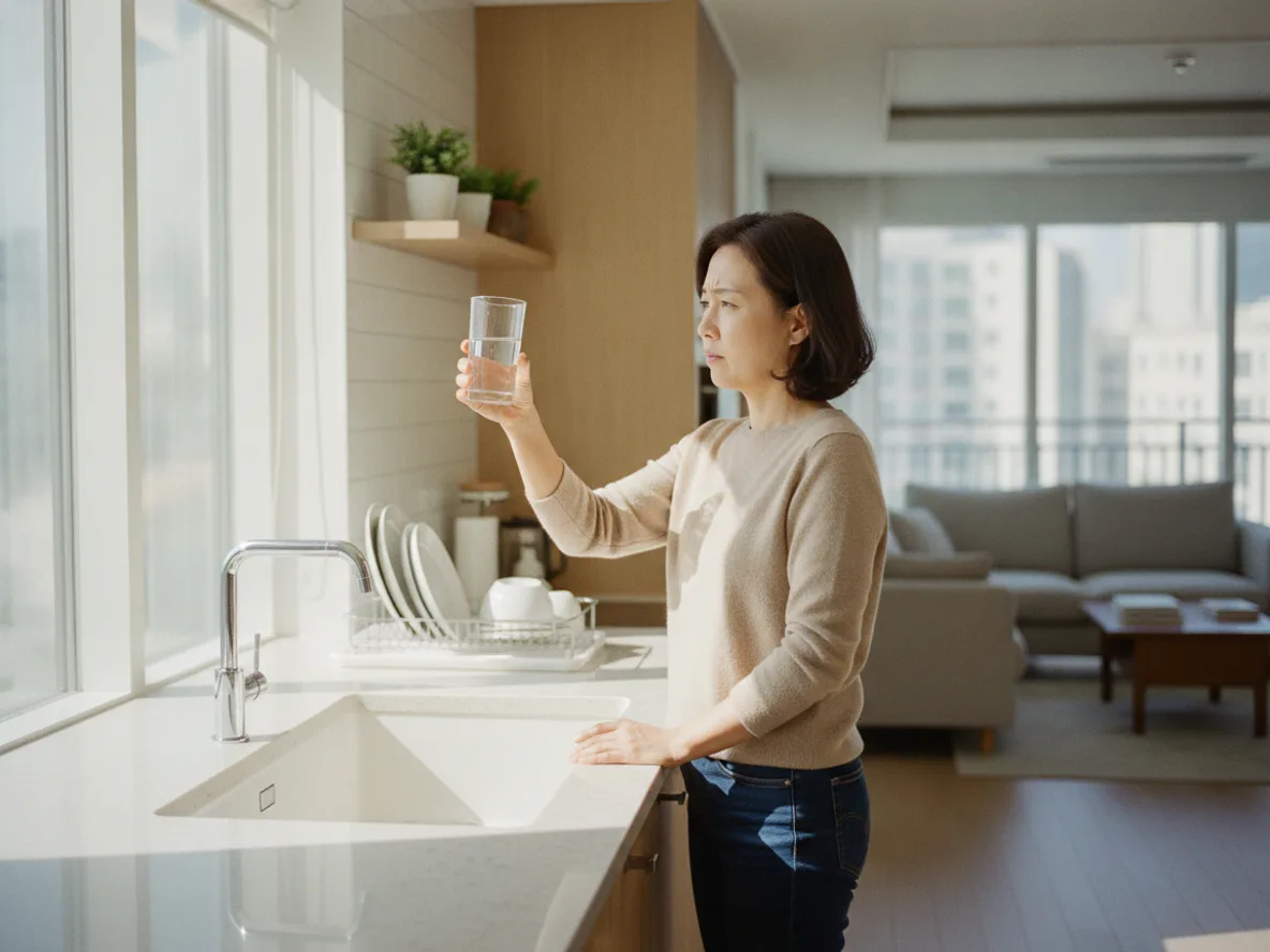 수돗물 짠맛 원인 확인하는 주부