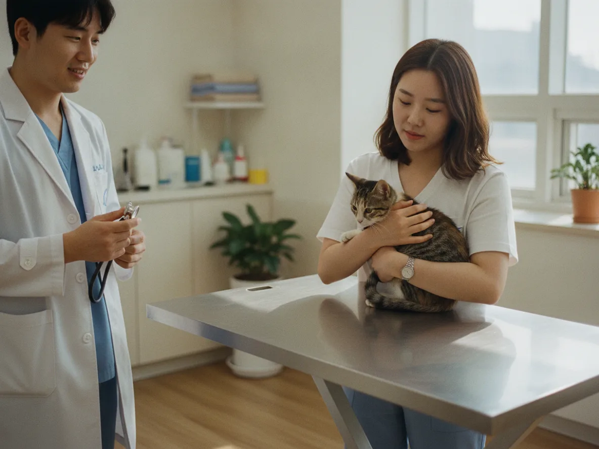 동물병원 진찰대 위에 앉은 고양이와 수의사 — 고양이 중성화 비용 2026 병원별 비교