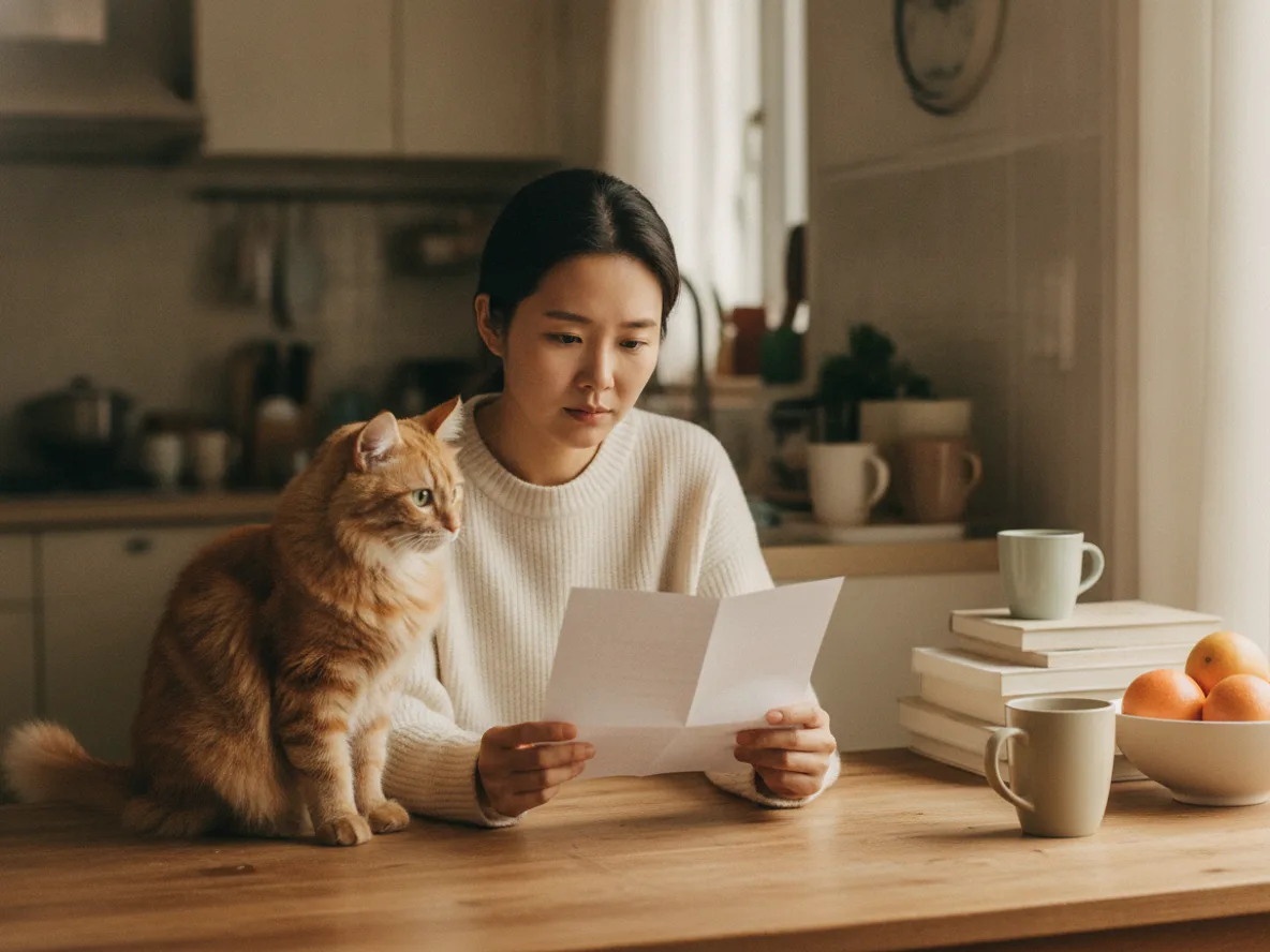 동물병원 청구서를 확인하는 반려인 — 고양이 중성화 수술 총비용 시나리오