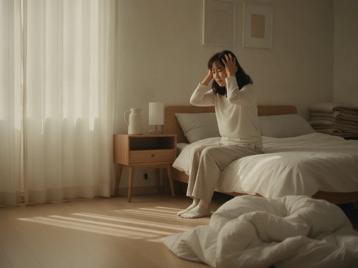 어지럼증을 느끼며 침대 가장자리에 앉아 머리를 감싼 한국 중년 여성