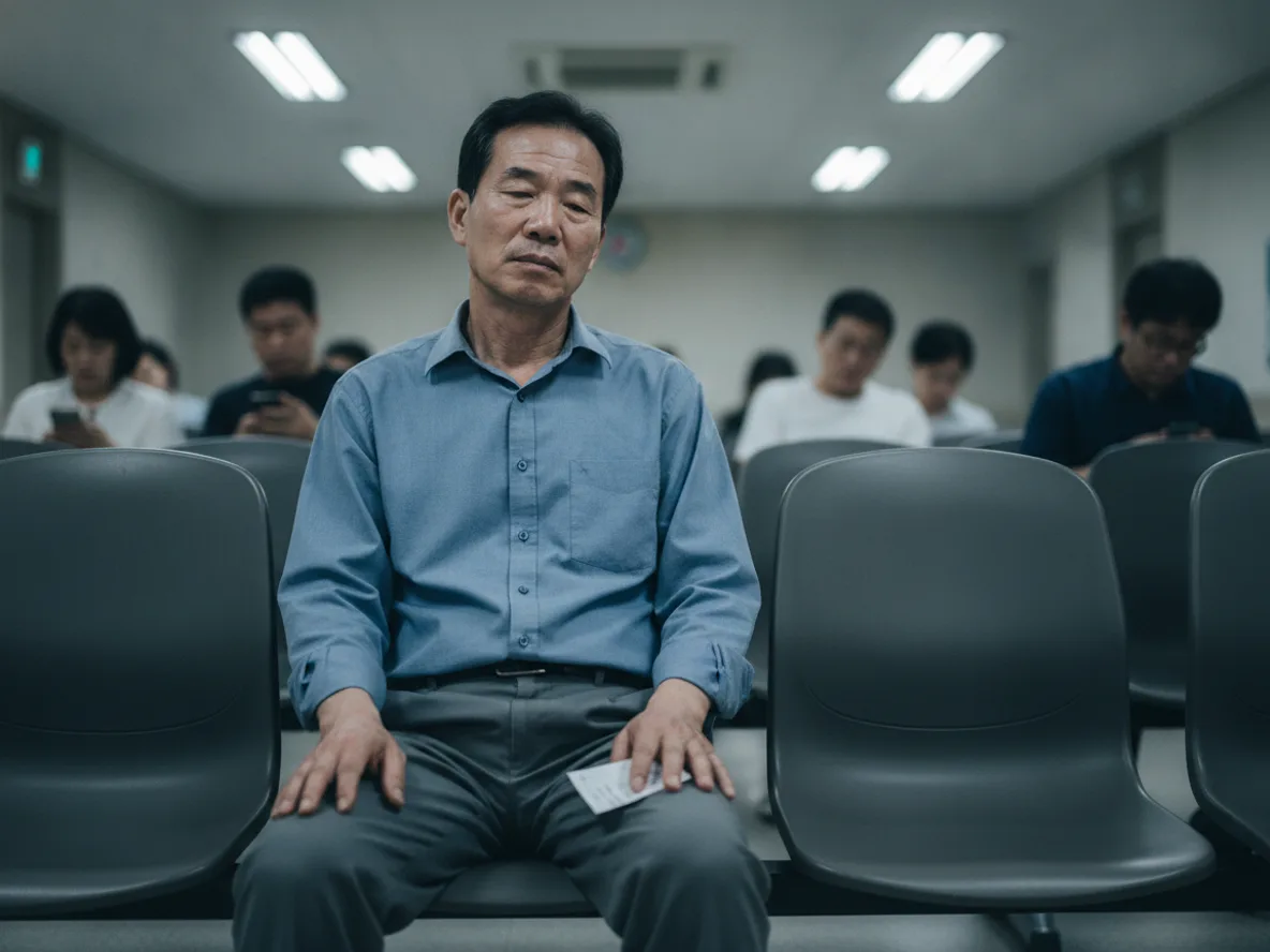 병원 대기실에서 어지럼증으로 지친 표정의 한국 중년 남성