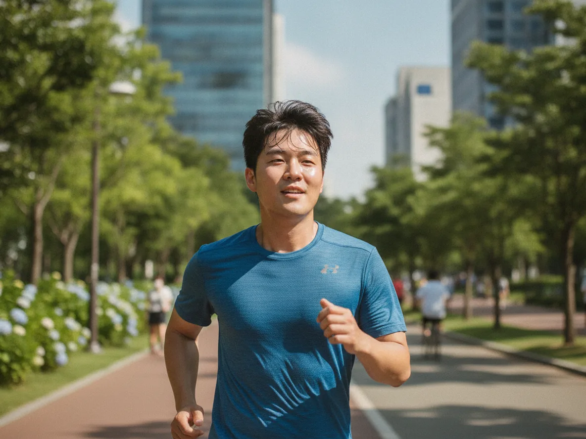 흡한속건 메시 소재 운동복을 입고 여름 야외 달리기를 하는 남성