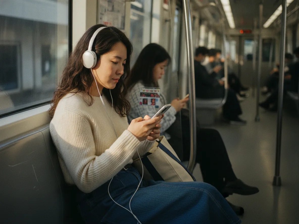 무료 음악 듣기 앱을 사용하는 한국 여성