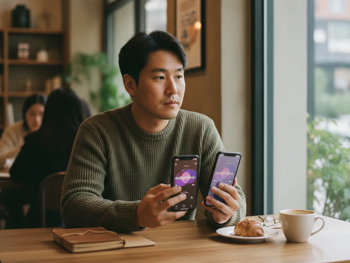 음악 앱 두 가지를 비교하는 남성