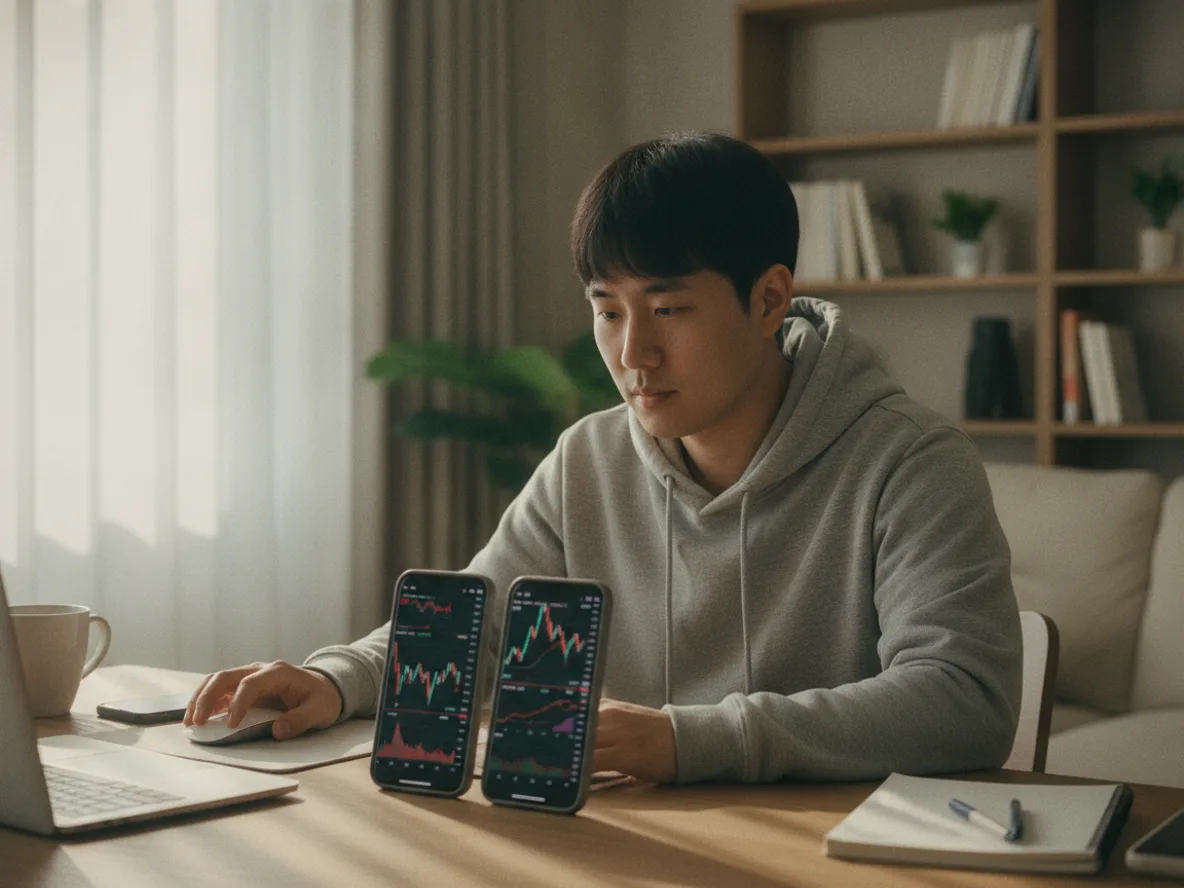 도지코인 시바이누 차이를 스마트폰으로 비교하는 남성