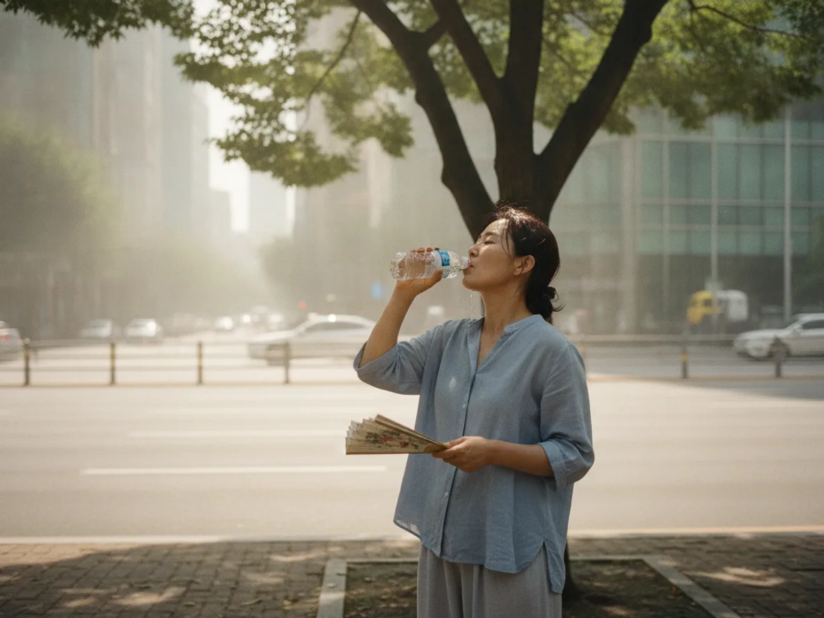 경남 폭염 역대 최고 기온 대비 — 그늘에서 수분 섭취하는 여성