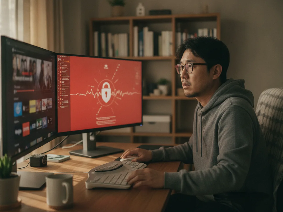 AI 불법 스트리밍 DRM 해제 대응 방법을 모니터로 확인하는 장면