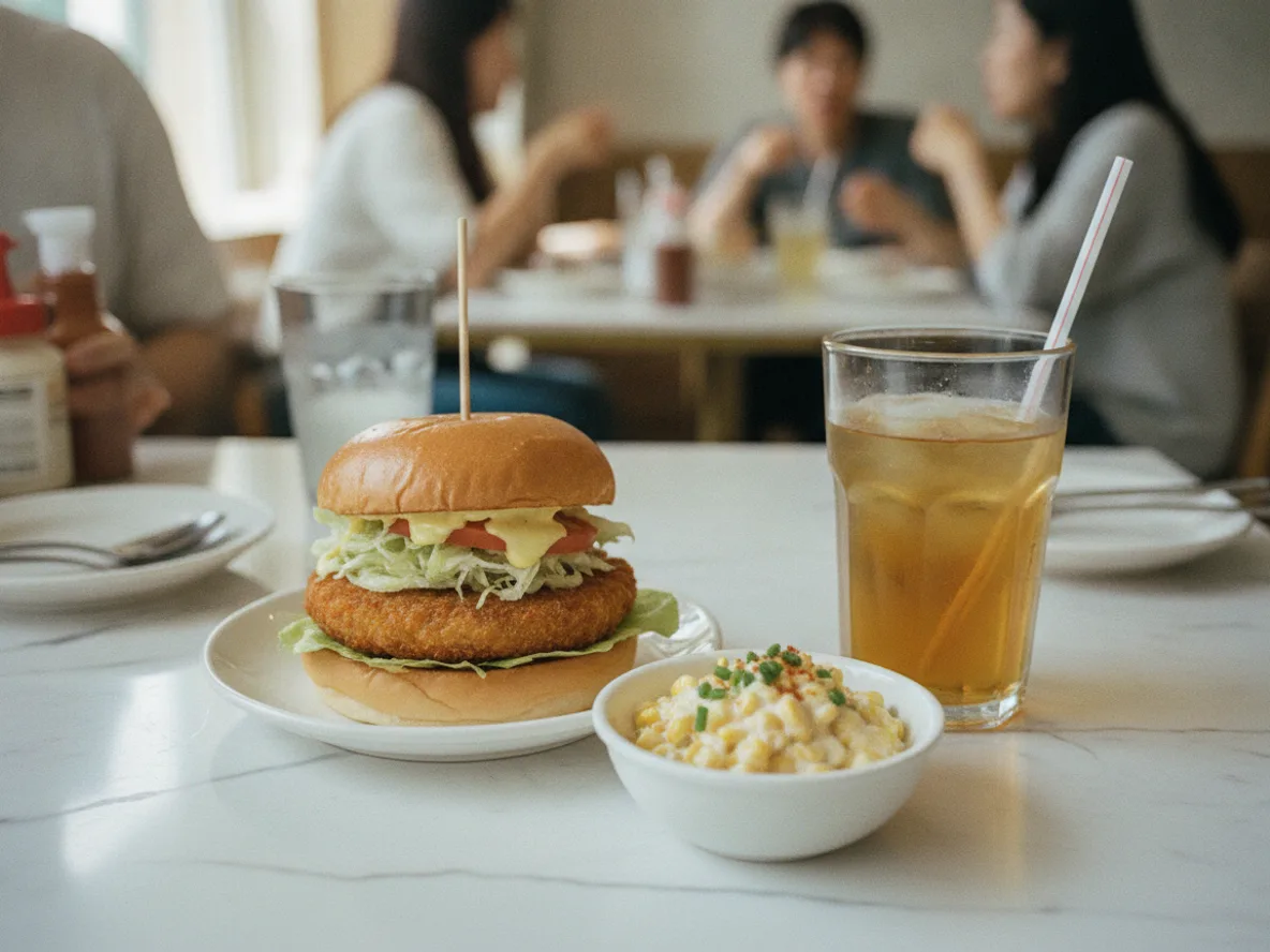 옥수수 버거 세트 구성 — 버거와 사이드, 음료