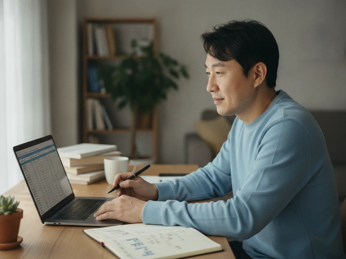 엔화 예금 수익 시뮬레이션을 계산하며 투자 계획을 세우는 남성