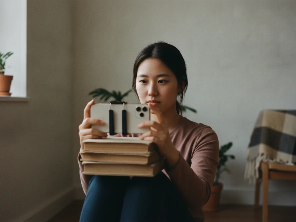 세이디싱크 챌린지 방법 — 자연광 앞에서 스마트폰으로 챌린지 촬영 중인 20대 여성