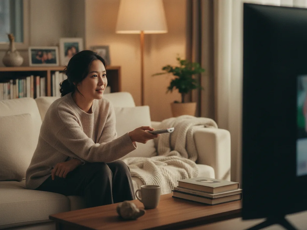 앤드류 가필드 출연작을 TV로 감상하는 여성