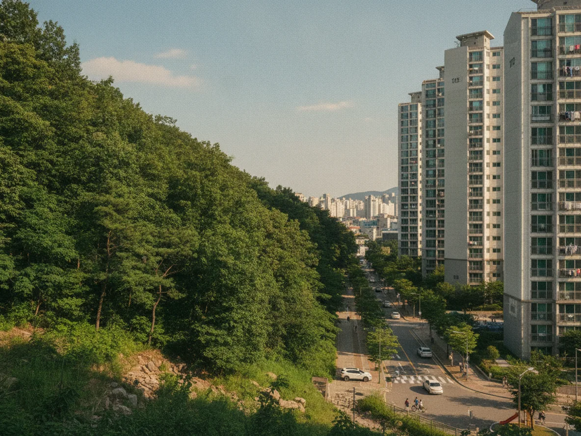 서울 그린벨트 개발제한구역 경계 모습 — 녹지와 아파트 단지가 맞닿은 현장