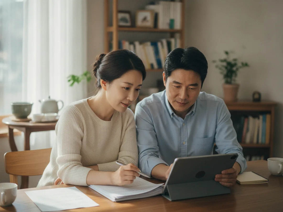 부부가 함께 가상자산 증여 절세 전략을 검토하는 장면
