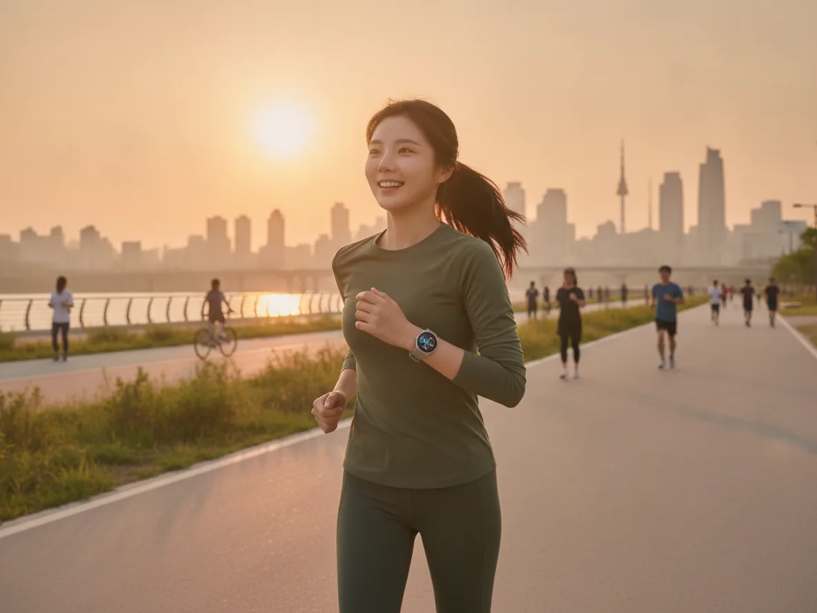 엣지 AI 스마트워치를 착용하고 도심 트레일을 달리는 한국 여성 러너