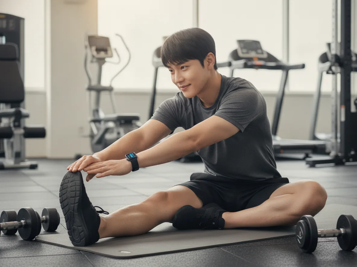 운동 후 스마트워치 데이터를 확인하는 한국 남성