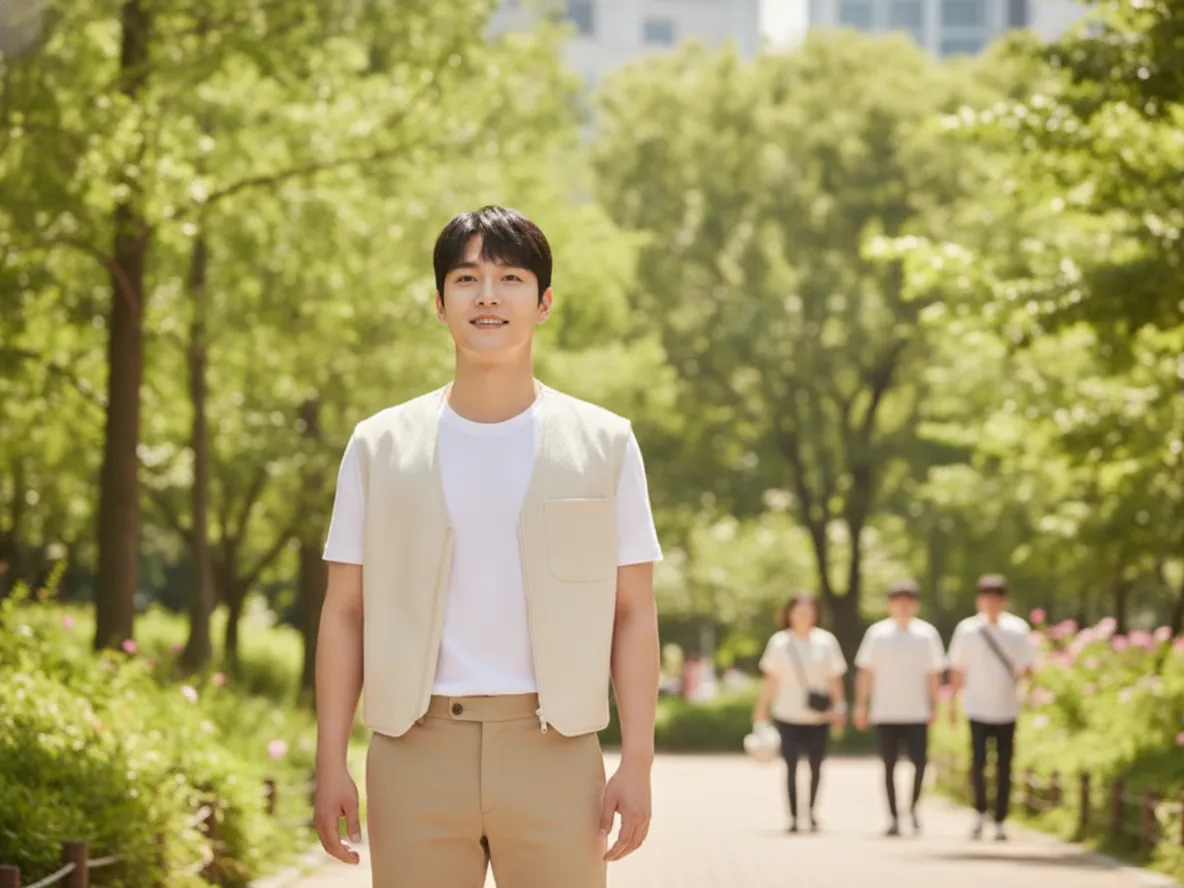 폭염 속 냉감조끼를 착용한 한국 남성 야외 활동