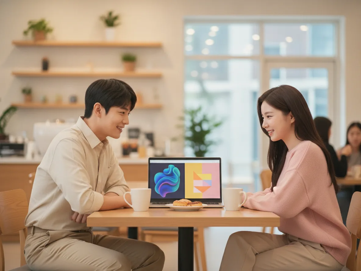 챗GPT와 제미나이 이미지 생성 서비스를 함께 비교하는 한국인 커플