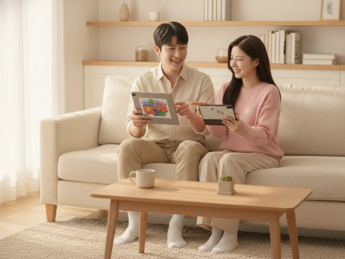 갤럭시 탭 S11 울트라 플러스 기본형 비교 — 두 사람이 태블릿을 나란히 비교하는 장면