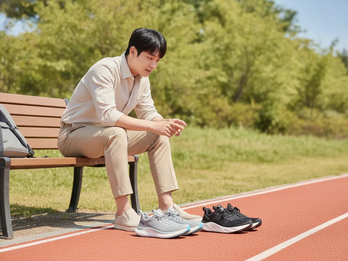 러닝화 브랜드 비교 — 두 켤레 러닝화를 비교하는 한국인 남성 러너