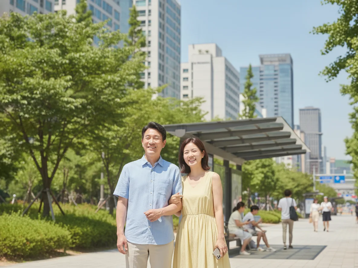 서울 버스 정류장에서 대중교통 혜택을 누리는 시민